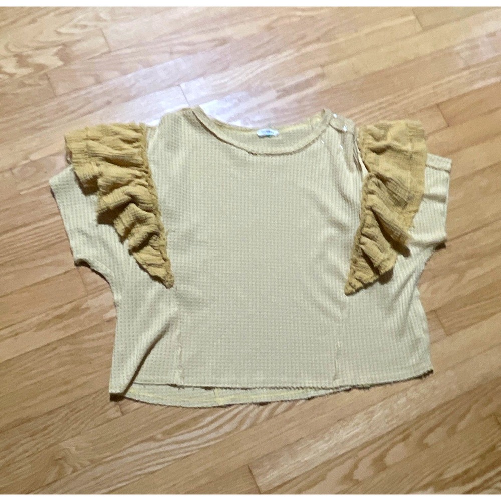 Womens yellow Ribbed Knit T-Shirt Solid Ruffle Short Sleeve Crew Neck Pullover